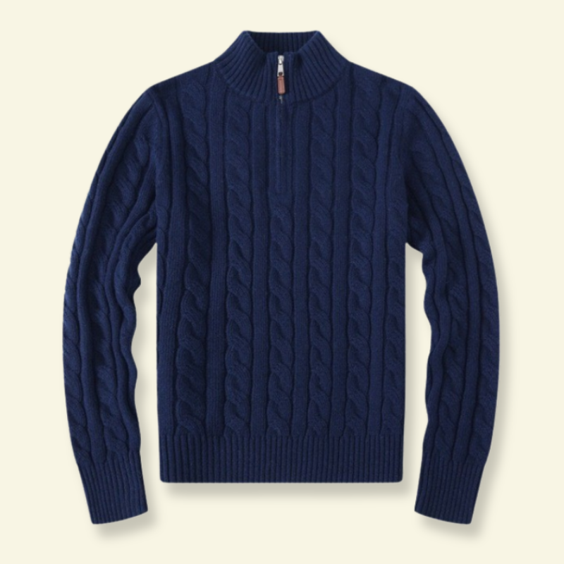 Granatowy sweter męski z wełny o klasycznym warkoczowym splocie, półgolf zapinany na zamek — Lubomirske