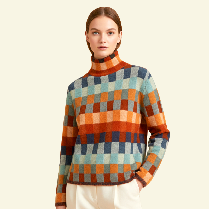 Wełniany golf damski w geometryczny wzór, pełny widok na modelce, stylowy i idealny na chłodniejsze dni — Lubomirske