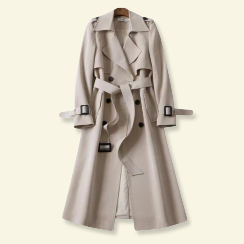 Kremowy trencz damski z tkaniny premium, o średniej długości, z paskiem w talii i podkreślonymi ramionami — Lubomirske