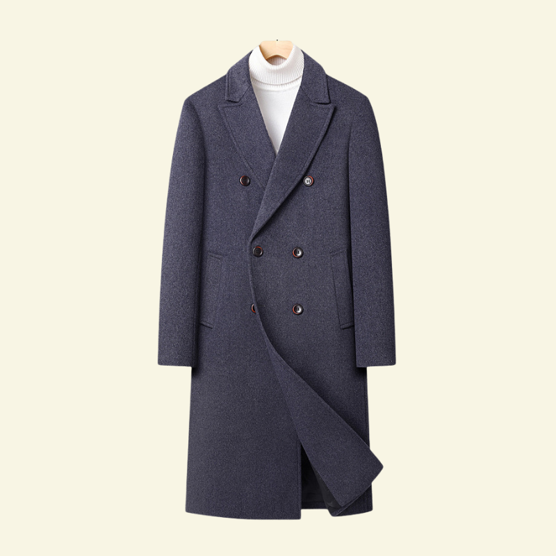 Męski płaszcz wełniany w kolorze granatowym o dwurzędowym kroju — Lubomirske