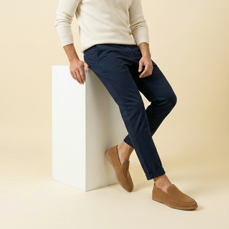 Brązowe męskie mokasyny z zamszu na modelu, stylizacja casual