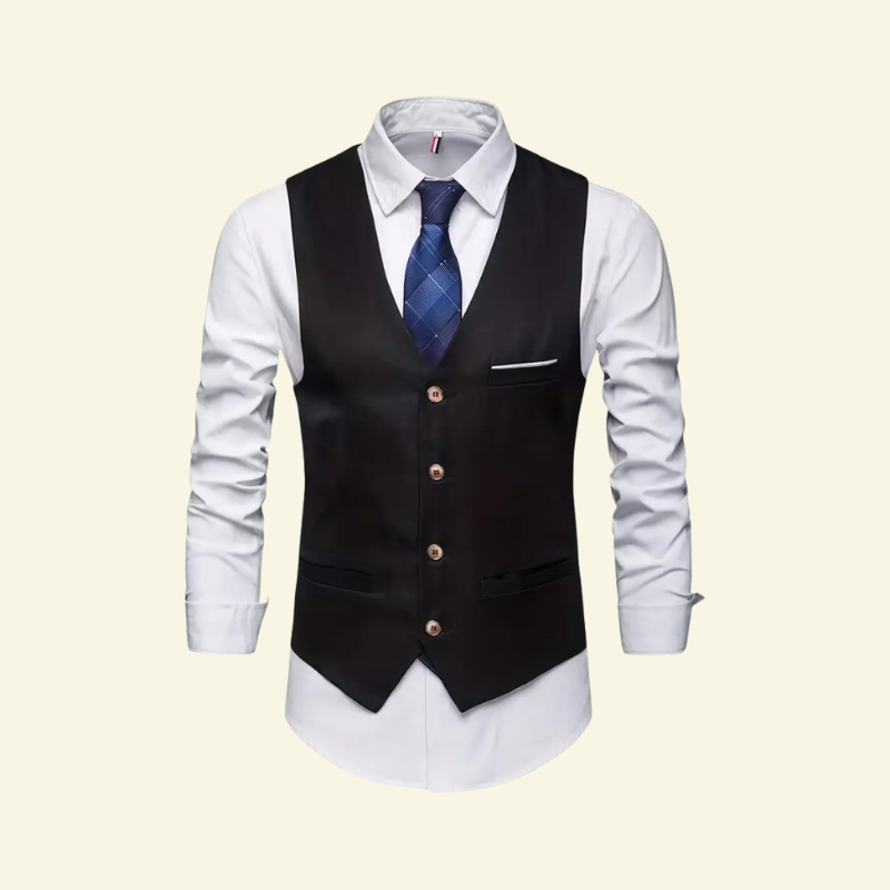 Model w czarnej kamizelce na błękitnej koszuli z krawatem; ujęcie od przodu.