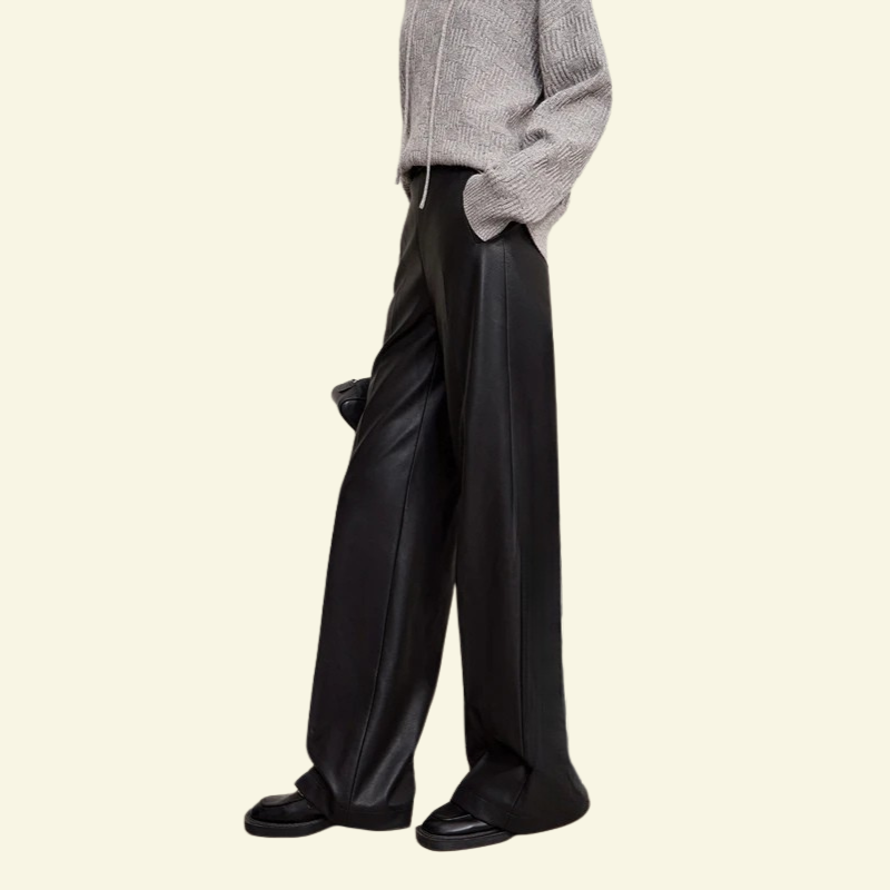 Czarne spodnie skórzane damskie z szerokimi nogawkami, widok od tyłu ukazujący gładkie wykończenie i naturalny połysk — Lubomirske