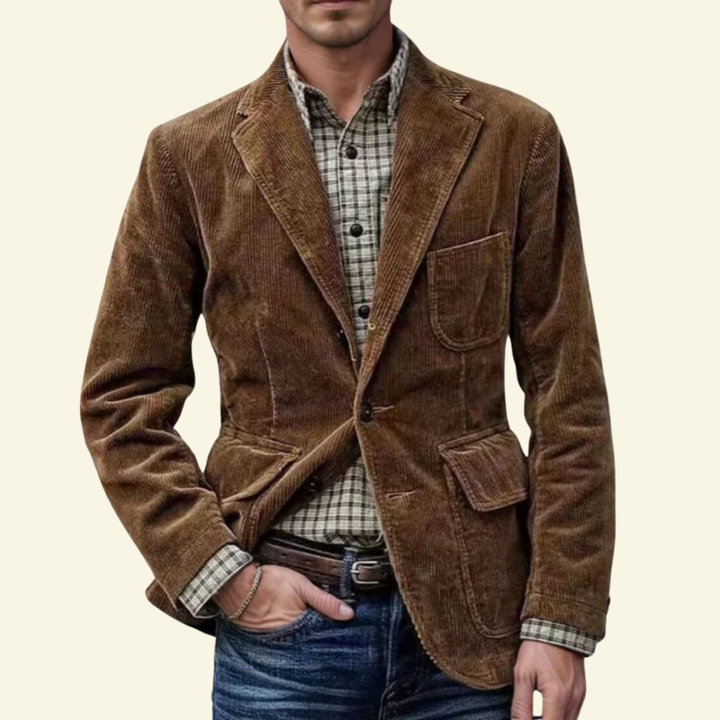 Model w brązowej sztruksowej marynarce, ujęcie od przodu; marynarka zestawiona z koszulą w kratę i jeansami.