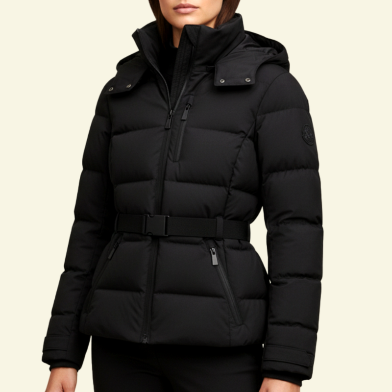 Modelka w czarnej kurtce puchowej z paskiem — klasyczna sylwetka i ponadczasowa elegancja Lubomirske