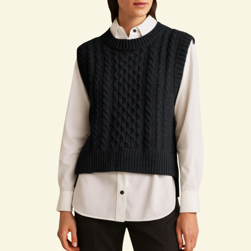 Czarna kamizelka swetrowa damska z warkoczowym splotem, styl old money — Lubomirske