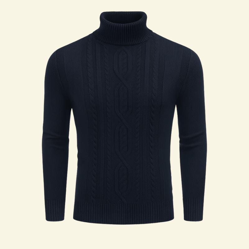 Granatowy golf męski z warkoczowym splotem, o strukturze dzianiny premium i kroju slim fit — Lubomirske