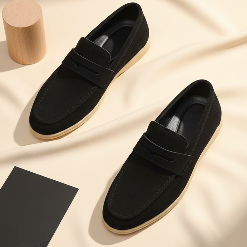 Czarne męskie mokasyny z zamszowym wykończeniem, minimalistyczna linia