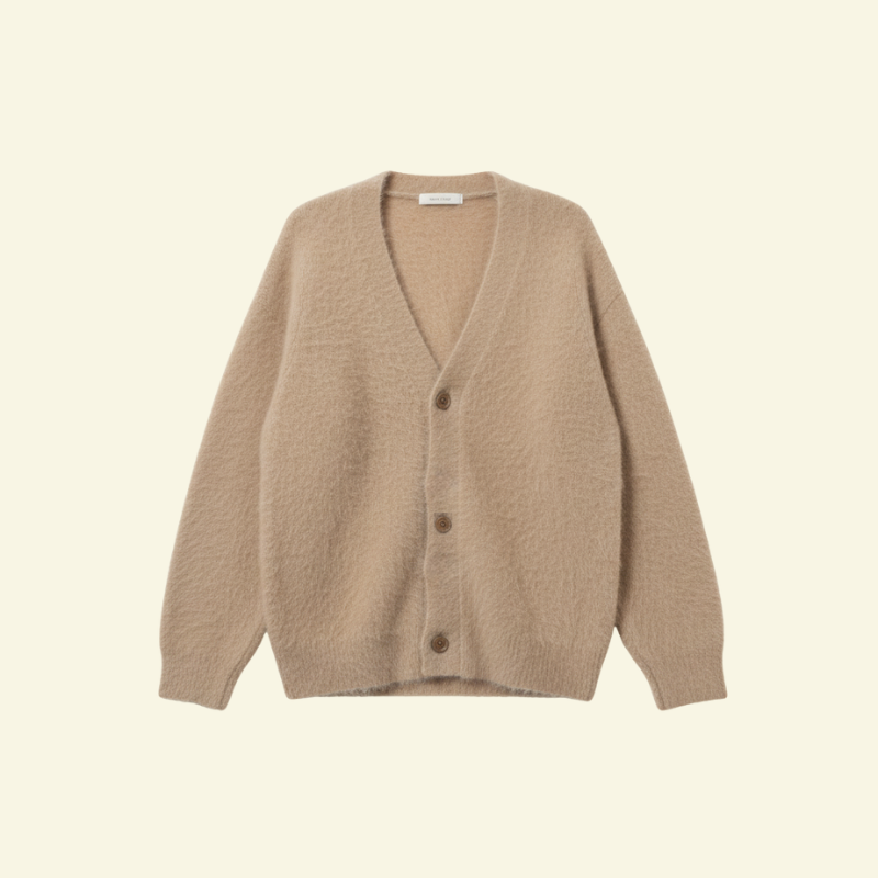 Jasnobrązowy kardigan moherowy z dekoltem V, o puszystej fakturze i miękkiej, luksusowej dzianinie — Lubomirske