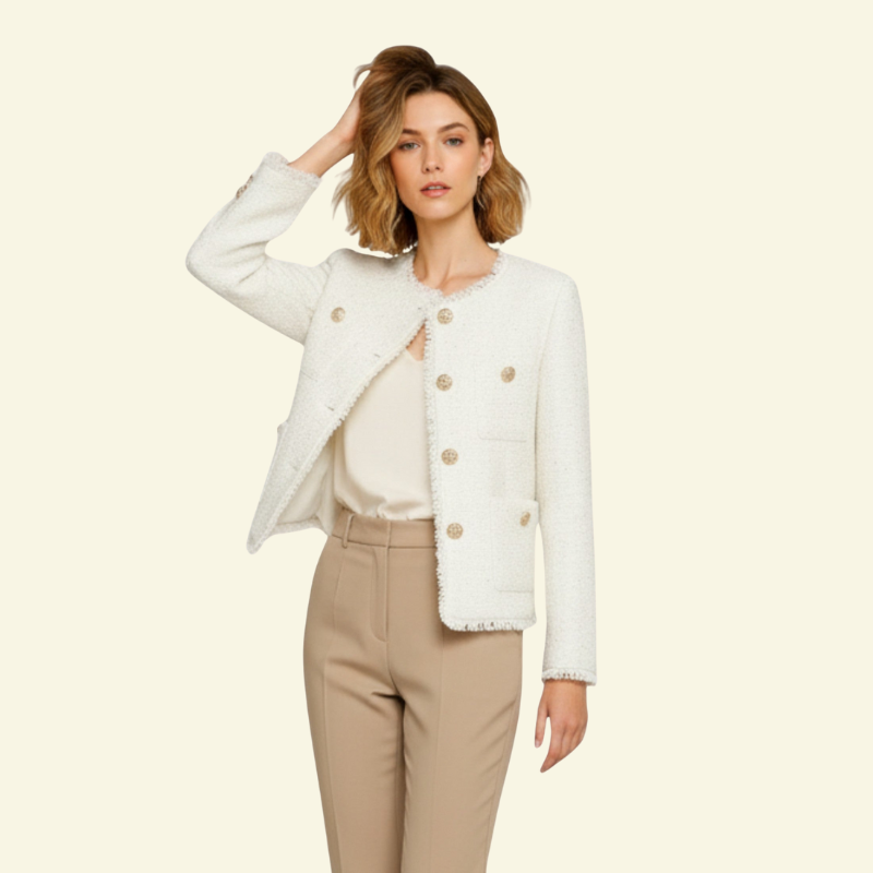 Modelka w białej marynarce tweedowej — subtelny połysk i lekka forma Lubomirske