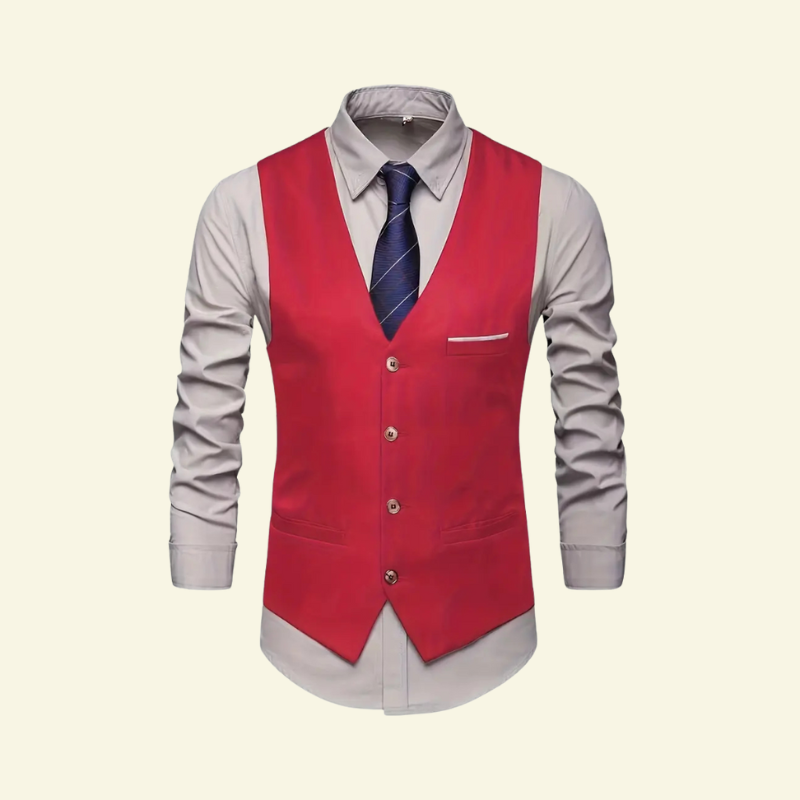 Model w czerwonej kamizelce na błękitnej koszuli z krawatem; ujęcie od przodu.