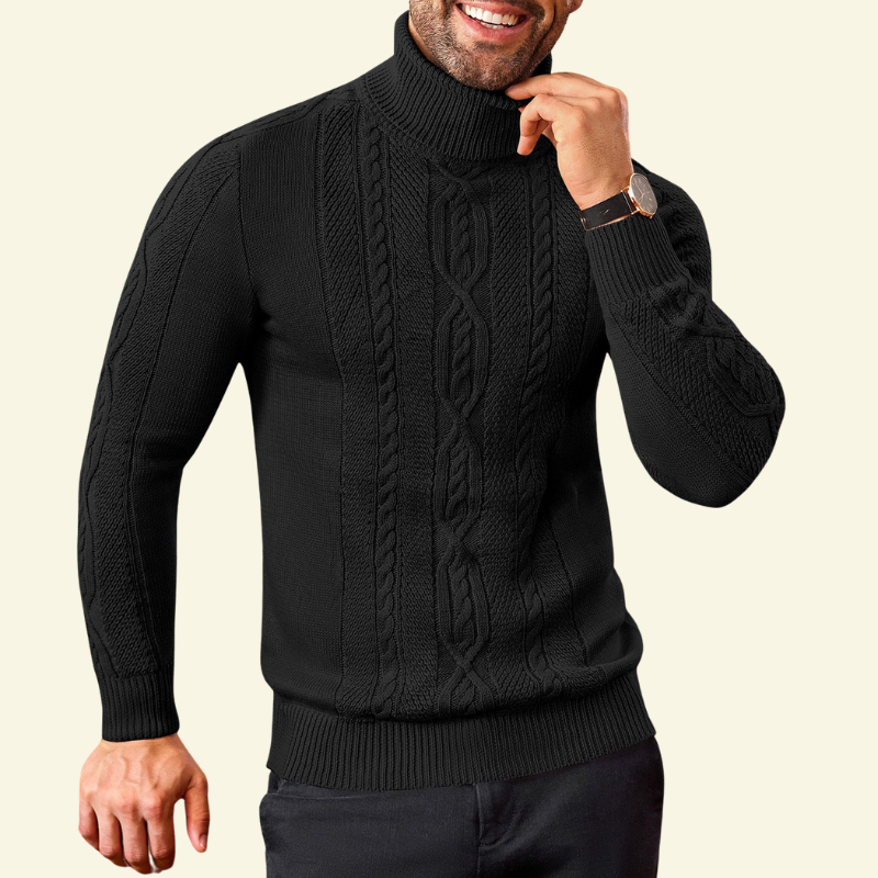 Czarny golf męski o warkoczowym splocie, noszony przez modela; elegancja i prostota w ponadczasowej formie — Lubomirske