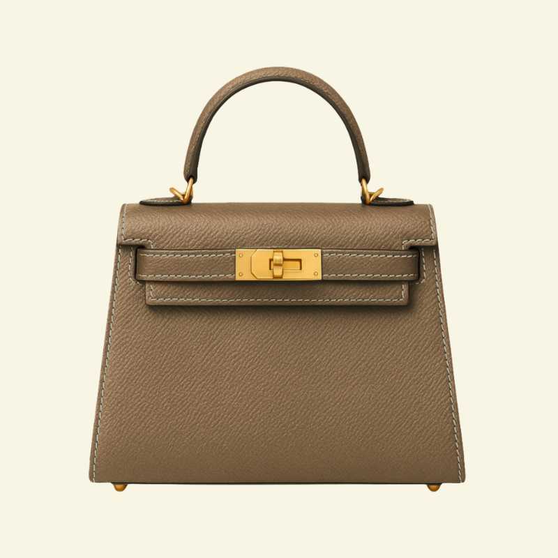 Torebka kuferkowa w odcieniu taupe ze skóry naturalnej, z rączką i złotym zapięciem — klasyczny styl Lubomirske