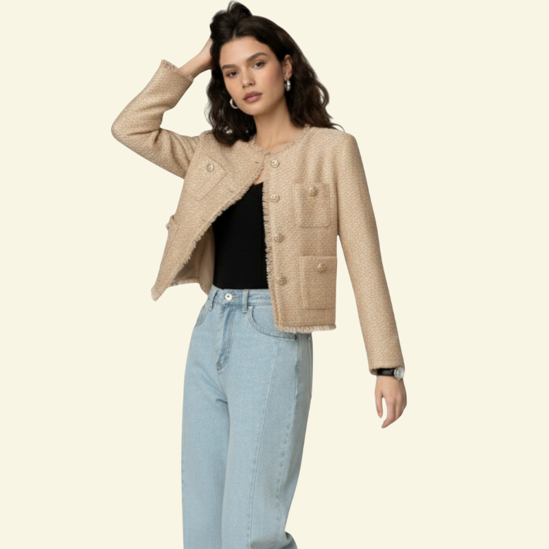 Modelka w beżowej marynarce tweedowej z kieszeniami i złotymi guzikami — szyk w stylu Lubomirske