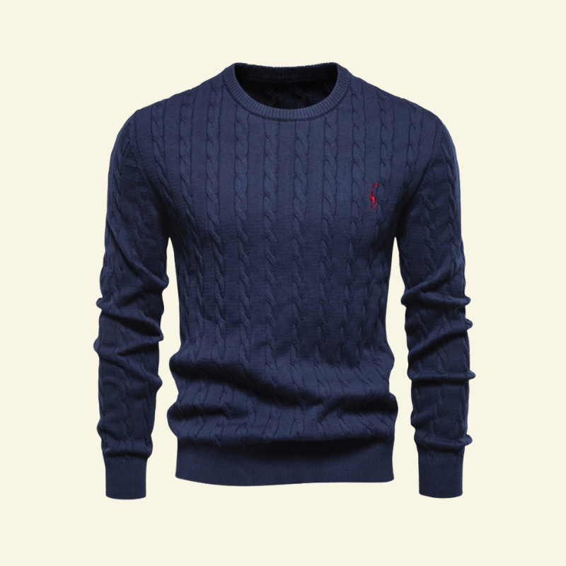 Granatowy sweter męski z czystej bawełny o warkoczowym splocie — symbol klasy i spokoju — Lubomirske