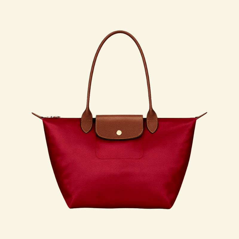 Czerwona torebka na ramię z nylonu i skóry naturalnej, z brązowymi uchwytami i klapką na zatrzask — Lubomirske