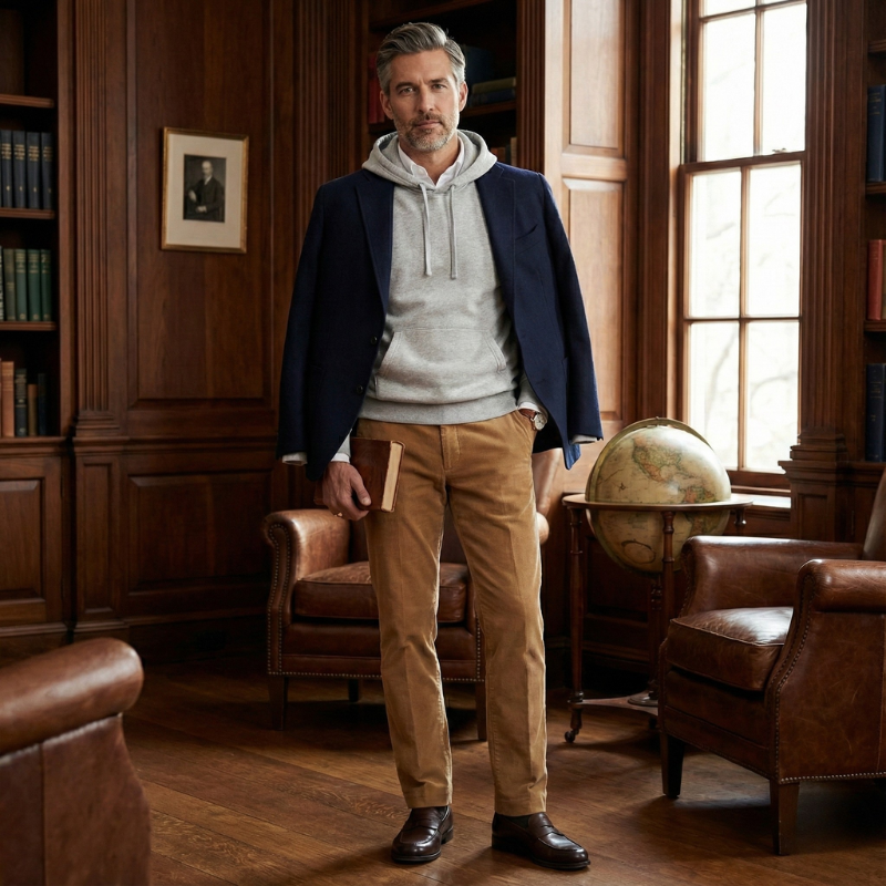 Model w srebrnej bluzie z kapturem w eleganckim wnętrzu; styl casual klasy premium.