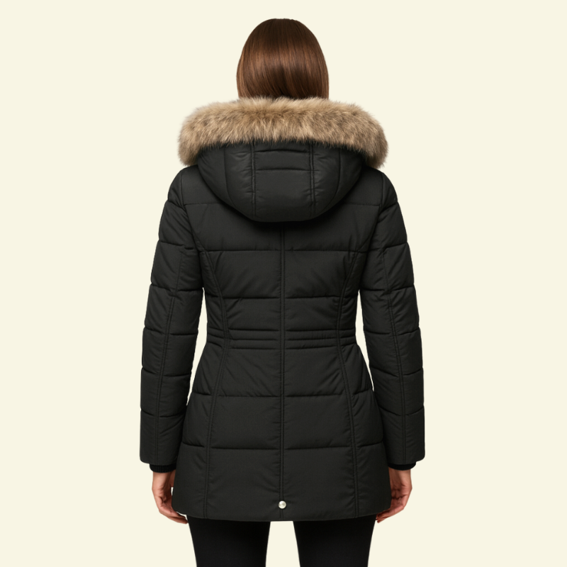 tył czarnej damskiej kurtki puchowej z kapturem — ponadczasowy design i subtelny połysk tkaniny Lubomirske