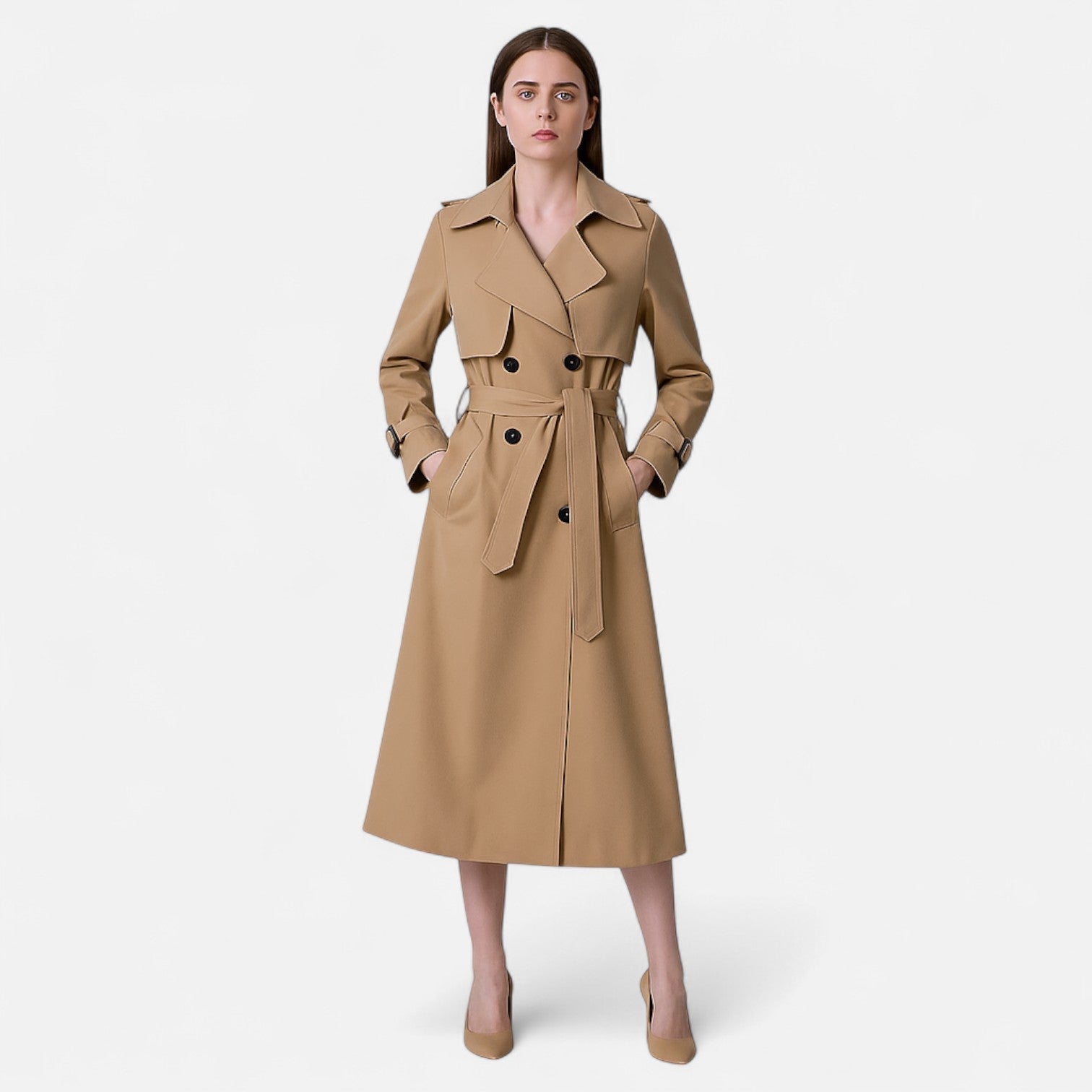 Modelka w beżowym trenczu Lubomirske z szerokimi klapami i paskiem w talii, stylizowanym w duchu klasycznej elegancji