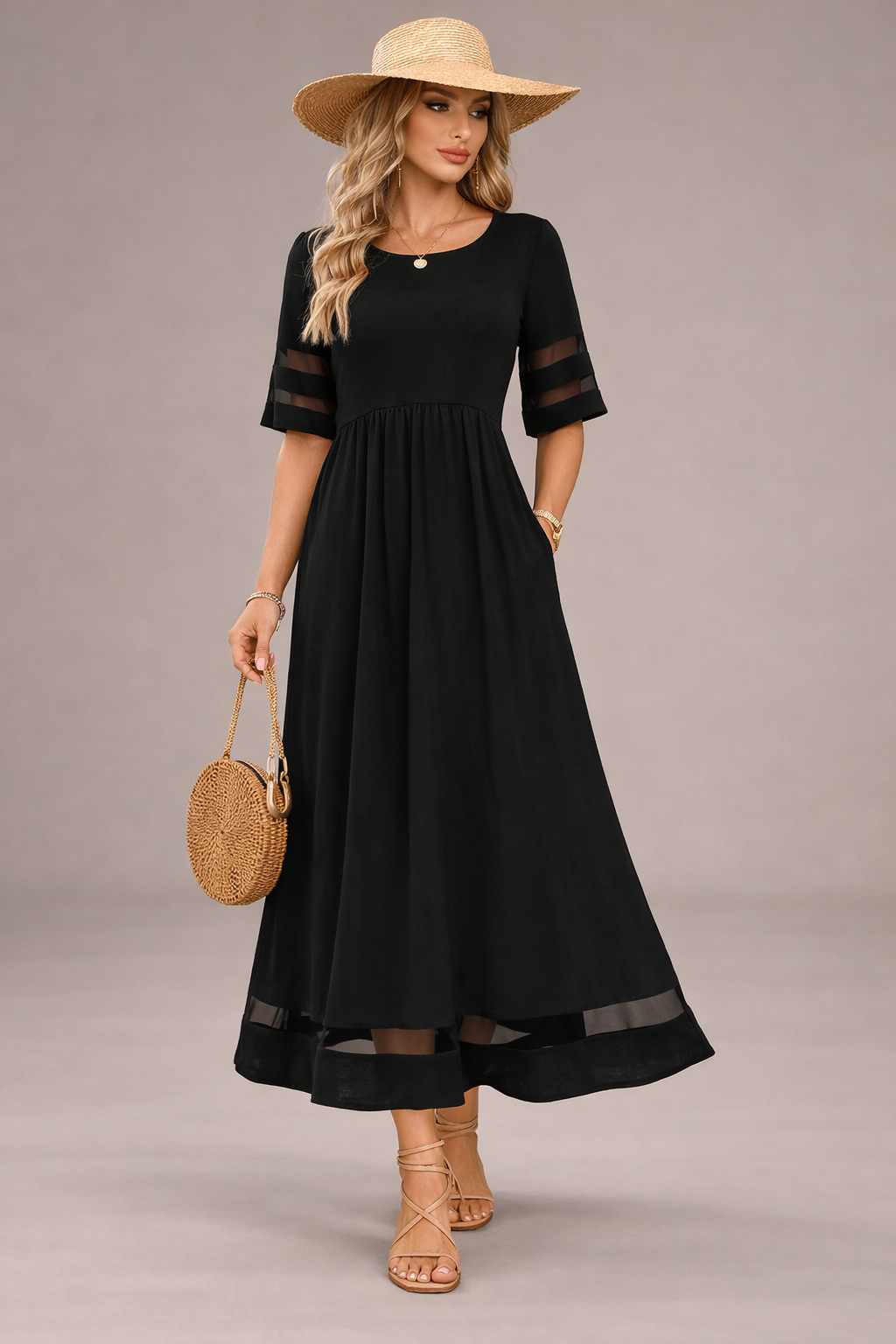 Czarna sukienka maxi damska linia A krótki rękaw stylizacja letnia elegancka