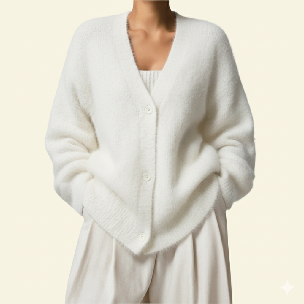 Modelka w białym kardiganie moherowym o głębokim dekolcie V, puszystej fakturze i ponadczasowym kroju — Lubomirske