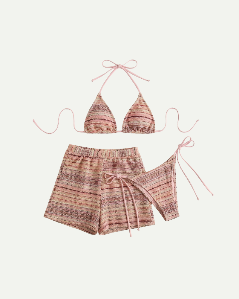 Różowy pasiasty komplet bikini damski trzyczęściowy halter z szortami