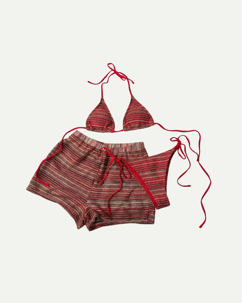Czerwony pasiasty komplet bikini damski trzyczęściowy halter z szortami