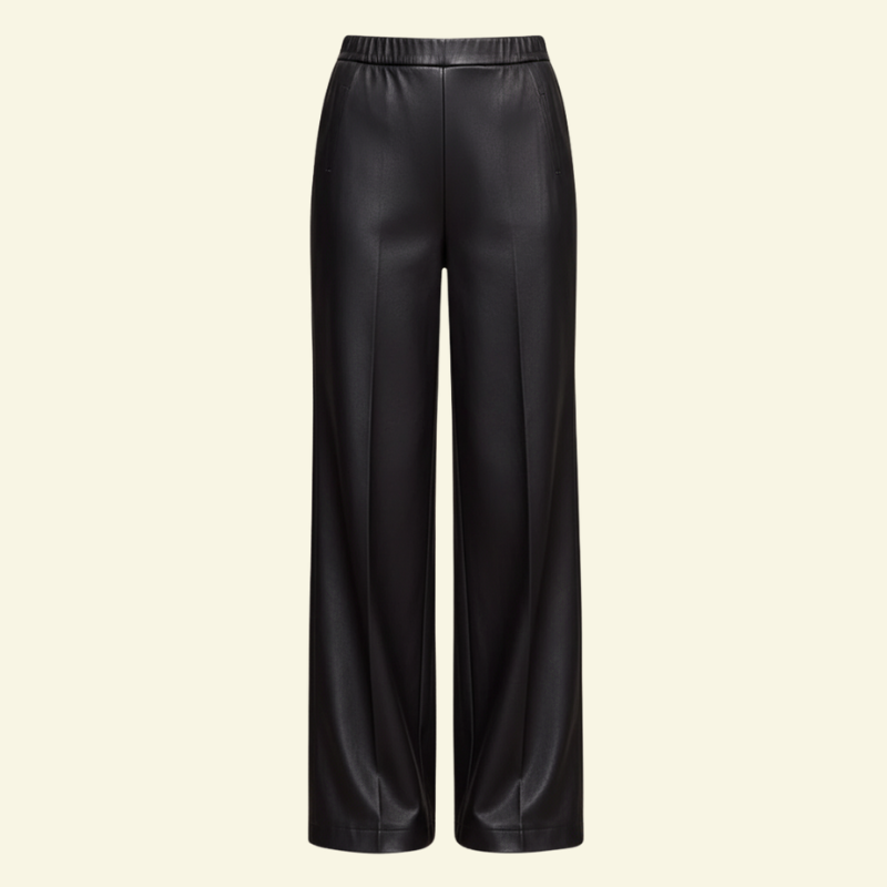 Czarne spodnie damskie ze skóry ekologicznej o szerokich nogawkach, elegancki fason z elastycznym pasem — Lubomirske