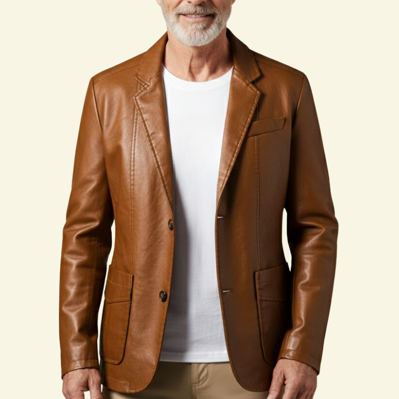 Mężczyzna prezentujący brązową skórzaną marynarkę w ujęciu z przodu. Dopasowany krój, eleganckie klapy i gładka skóra tworzą stylowy, nowoczesny look.