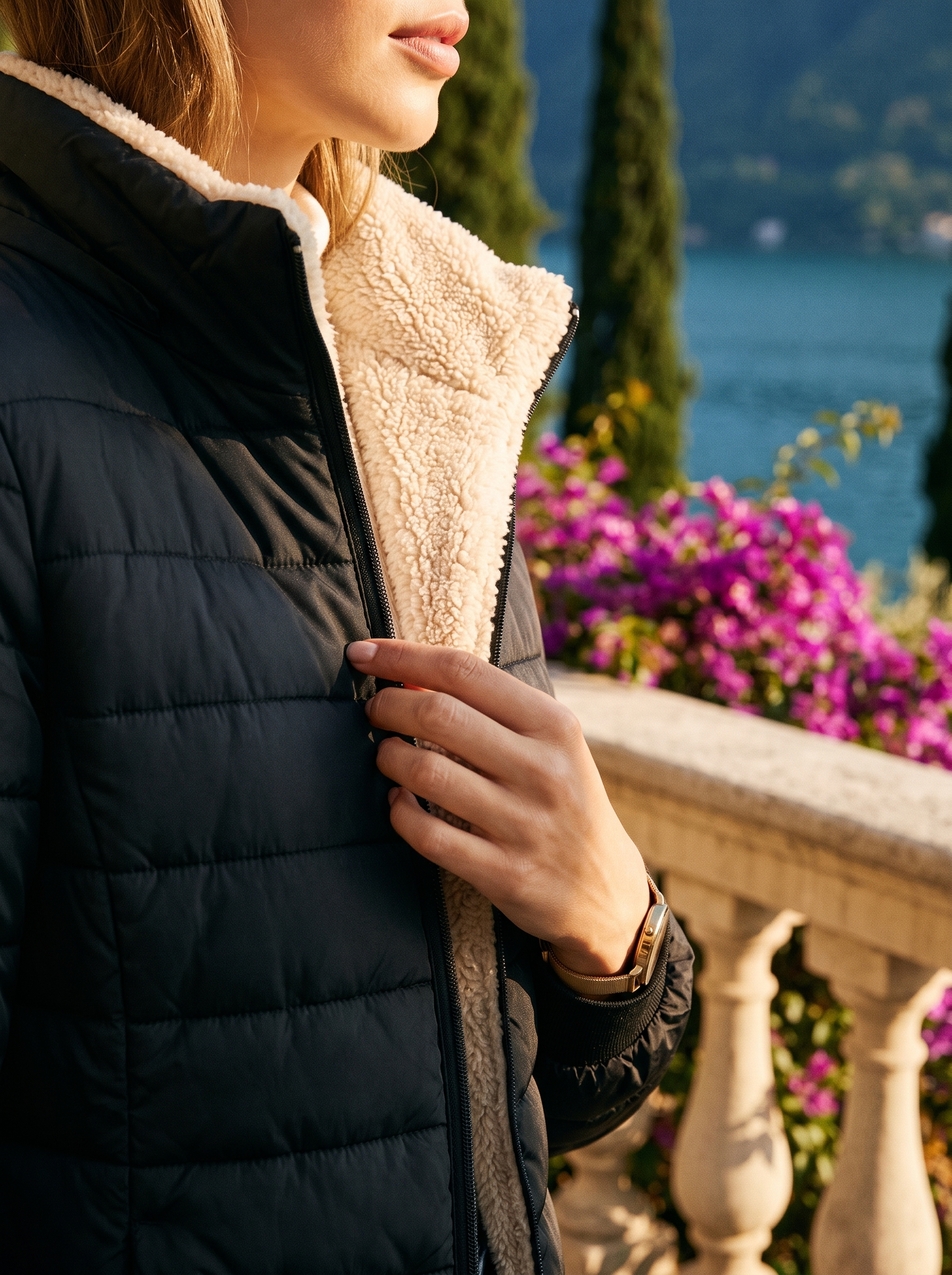 Pikowana kurtka z kapturem z podszewką sherpa, kolor czarny, detal — moda damska, styl old money | Lubomirske