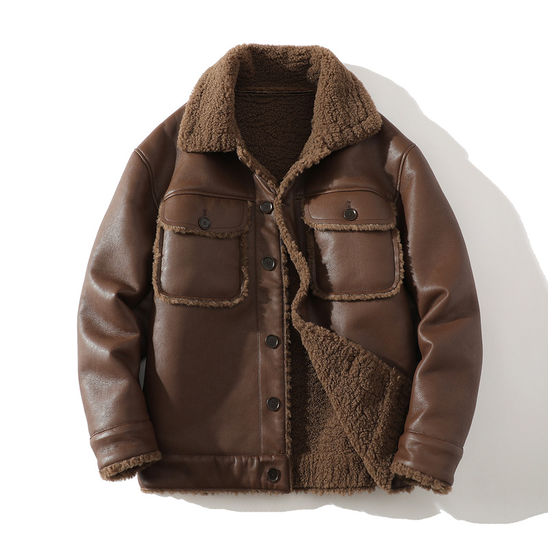 Brązowa męska kurtka z futerkiem i kołnierzem koszulowym, widok z przodu — Lubomirske
