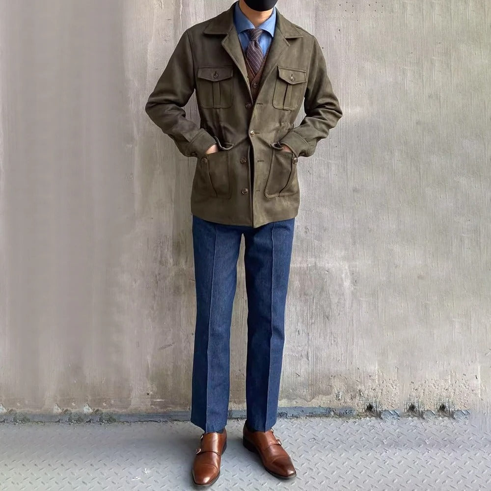 Photo of male model wearing army green men's jacket