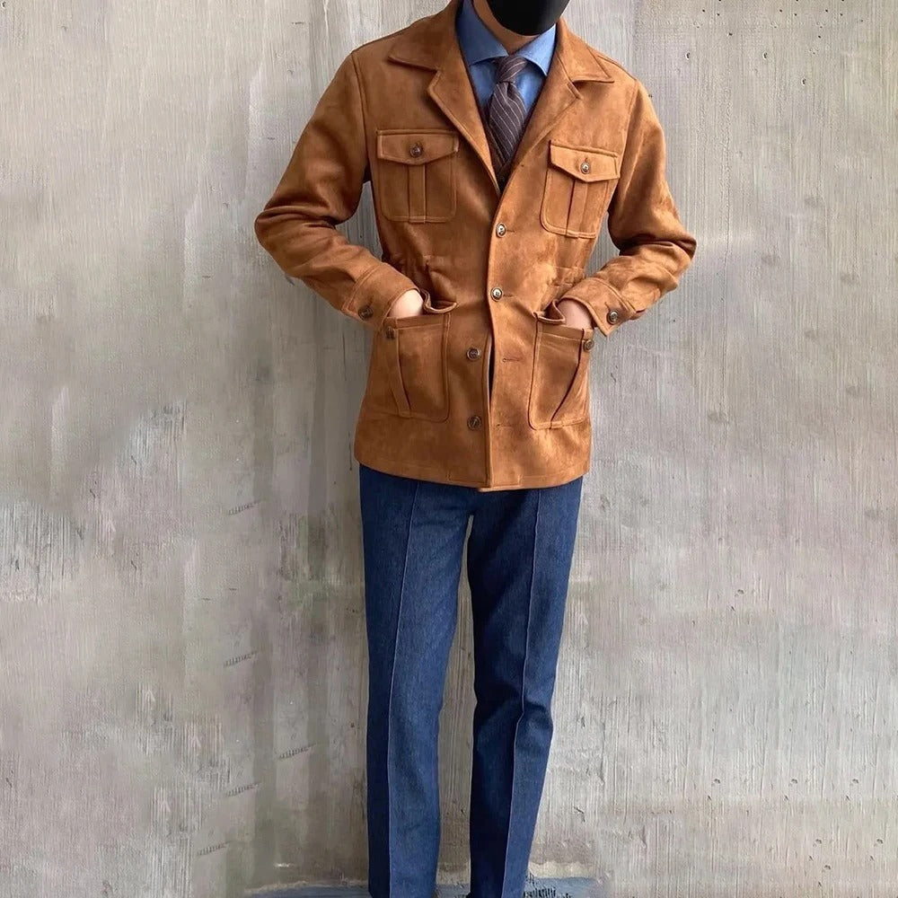 Photo of male model wearing beige men's jacket
