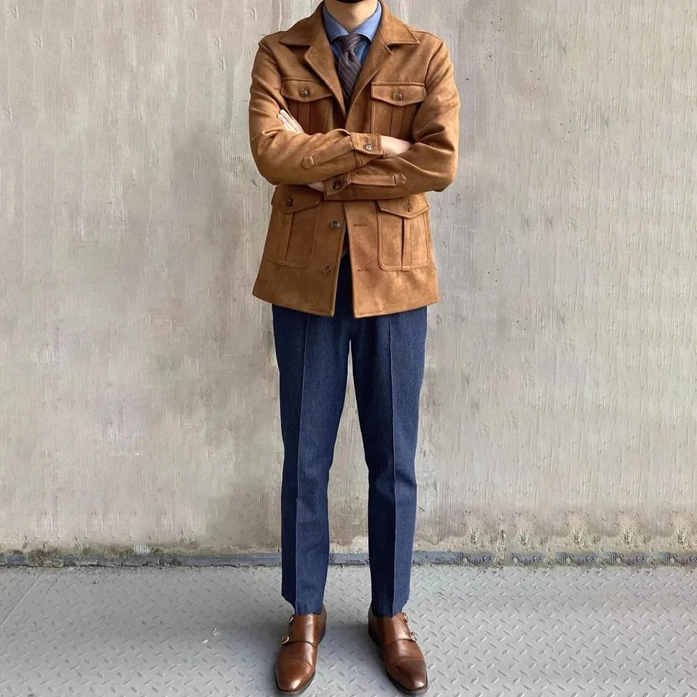 Photo of male model wearing beige men's jacket