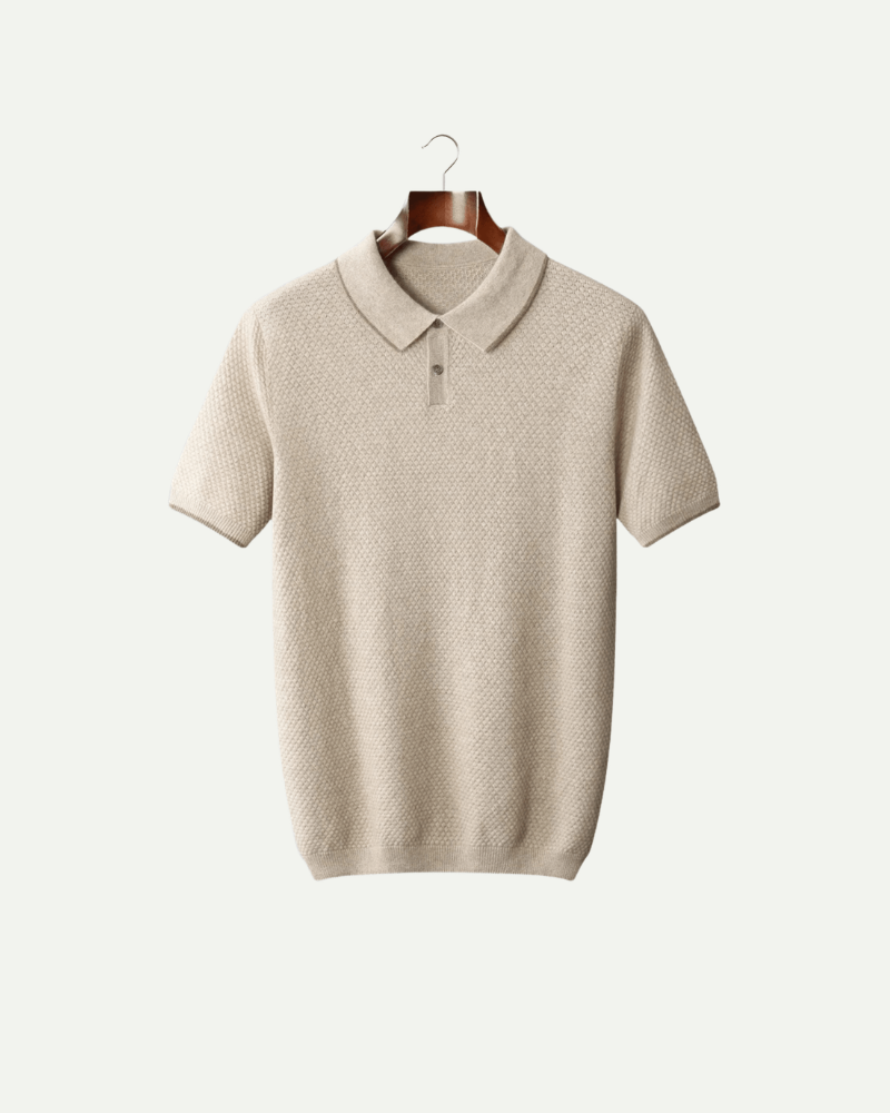 Kremowa koszulka polo męska z kaszmiru dzianinowa krótki rękaw elegancka