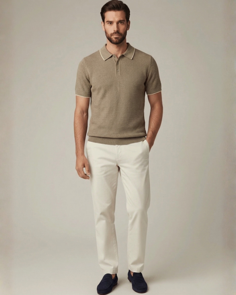 Beżowa koszulka polo męska z kaszmiru elegancka stylizacja smart casual