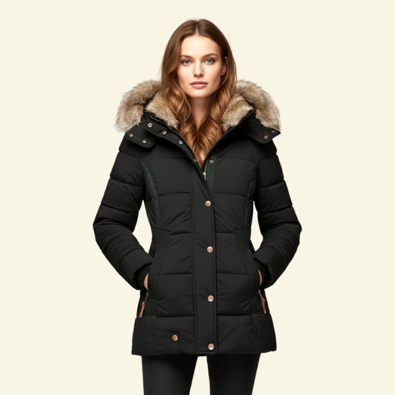 Profil czarnej kurtki puchowej z kapturem, taliowany krój i luksusowe wykończenie — Lubomirske