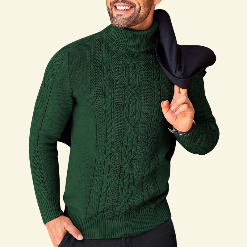 Ciemnozielony golf męski o warkoczowym splocie, prezentowany na modelu; ponadczasowa elegancja Lubomirske — Lubomirske