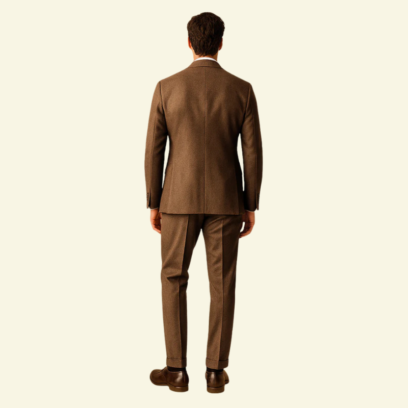 Model w brązowym garniturze, ujęcie od tyłu.