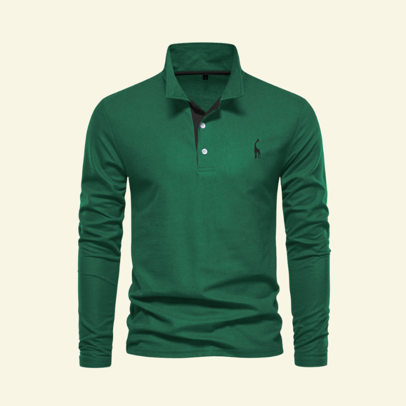 Ciemnozielone polo męskie z długim rękawem i haftowanym detalem, elegancki sportowy charakter — Lubomirske