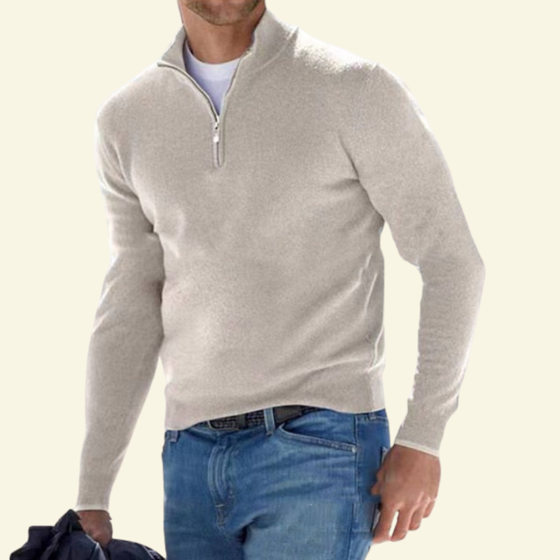 Kremowy wool blend sweater z zamkiem i stójką, minimalistyczny i wyrafinowany, w duchu europejskiej elegancji — Lubomirske