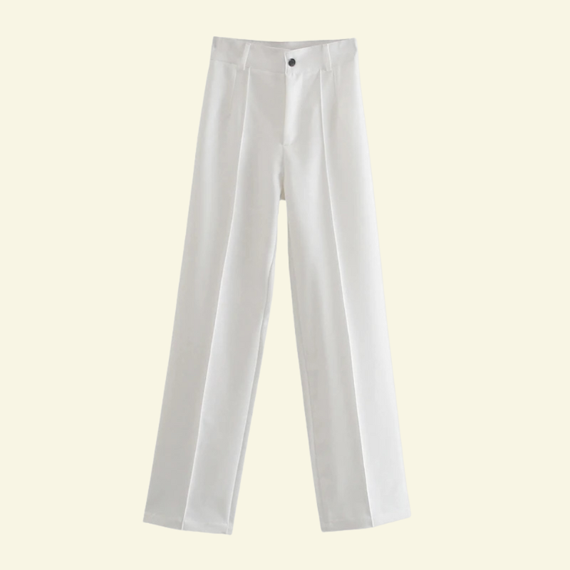 Białe spodnie garniturowe damskie z prostą nogawką i wysokim stanem, w stylu minimalistycznym — Lubomirske