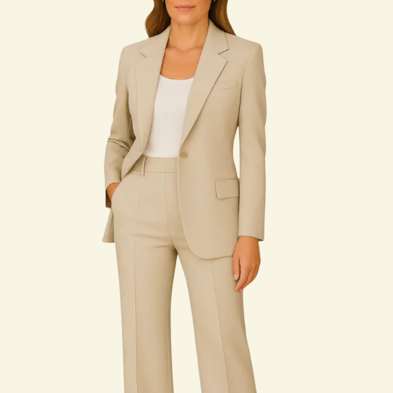 Modelka w beżowym garniturze, ujęcie od przodu.
