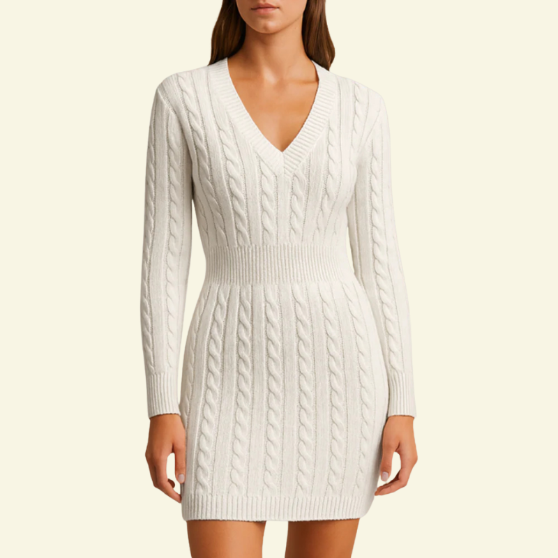 Biała sukienka sweterkowa damska z warkoczowym splotem i eleganckim dekoltem w serek — Lubomirske