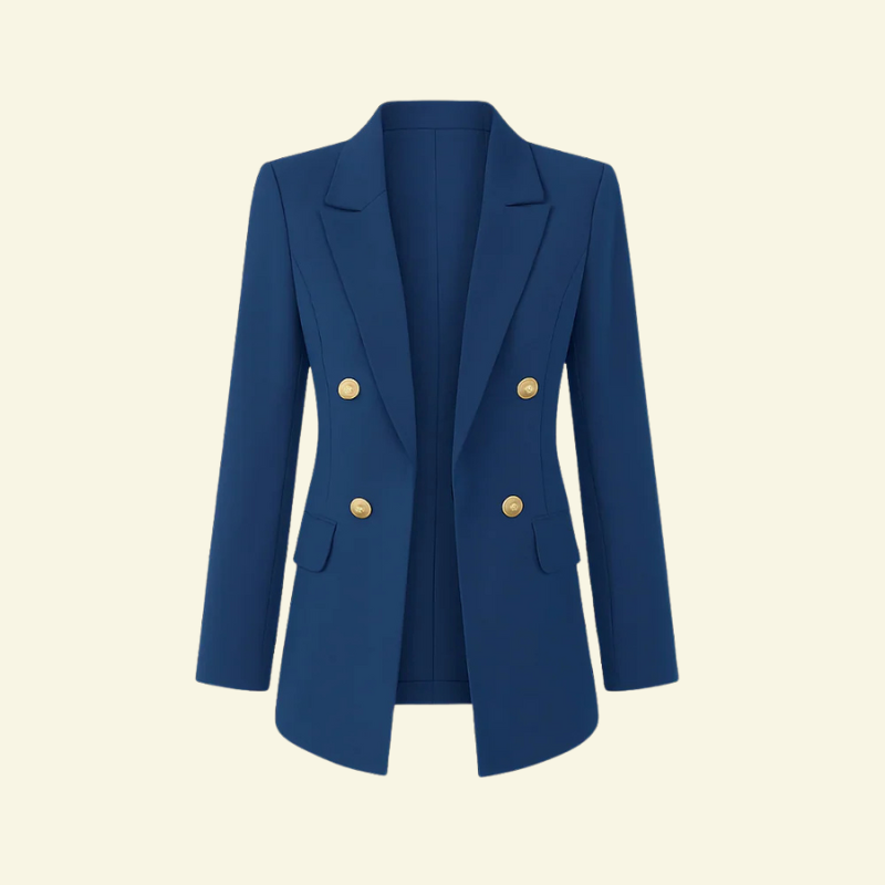 Ciemnoniebieska dwurzędowa marynarka damska z złotymi guzikami, ułożona na jasnym tle.
