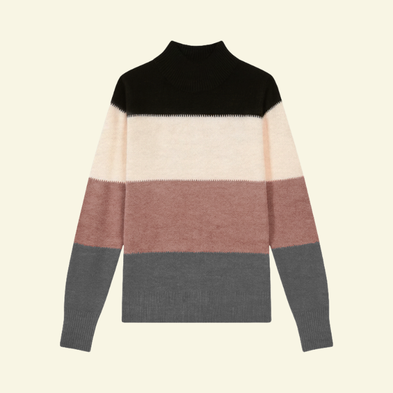 Sweter damski color-block z półgolfem w odcieniach czerni, kremu, pudrowego różu i szarości; miękka, ciepła dzianina.