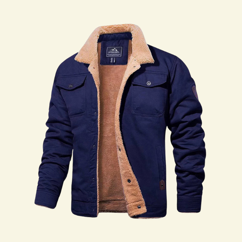 Ciemnoniebieska męska kurtka bawełniana z kołnierzem ze sztucznego futerka — Lubomirske