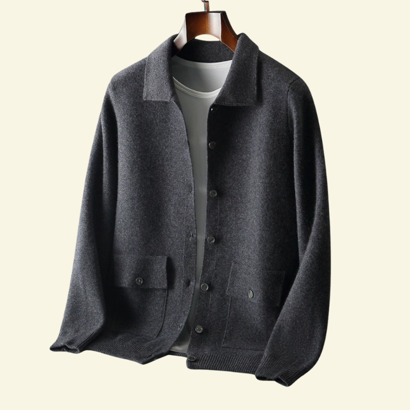 Ciemnoszary kardigan z kaszmiru o klasycznym fasonie i kołnierzu koszulowym — Lubomirske