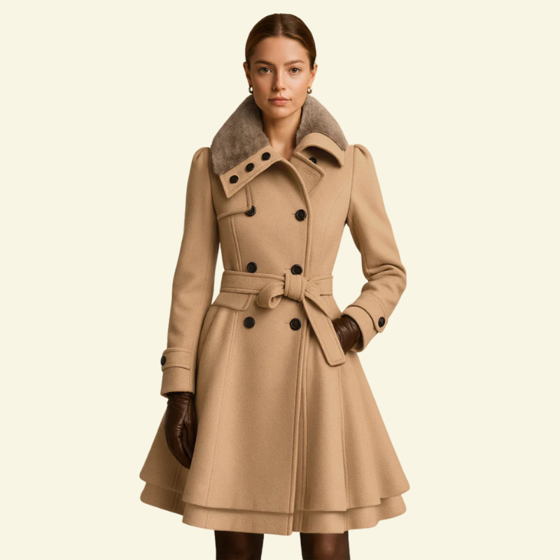 Beżowy płaszcz damski z futrzanym kołnierzem i paskiem, subtelne taliowanie i struktura tkaniny — Lubomirske