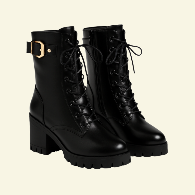 Czarne botki damskie z klamrą i sznurowaniem, na stabilnym obcasie, o gładkim wykończeniu i eleganckiej sylwetce — Lubomirske